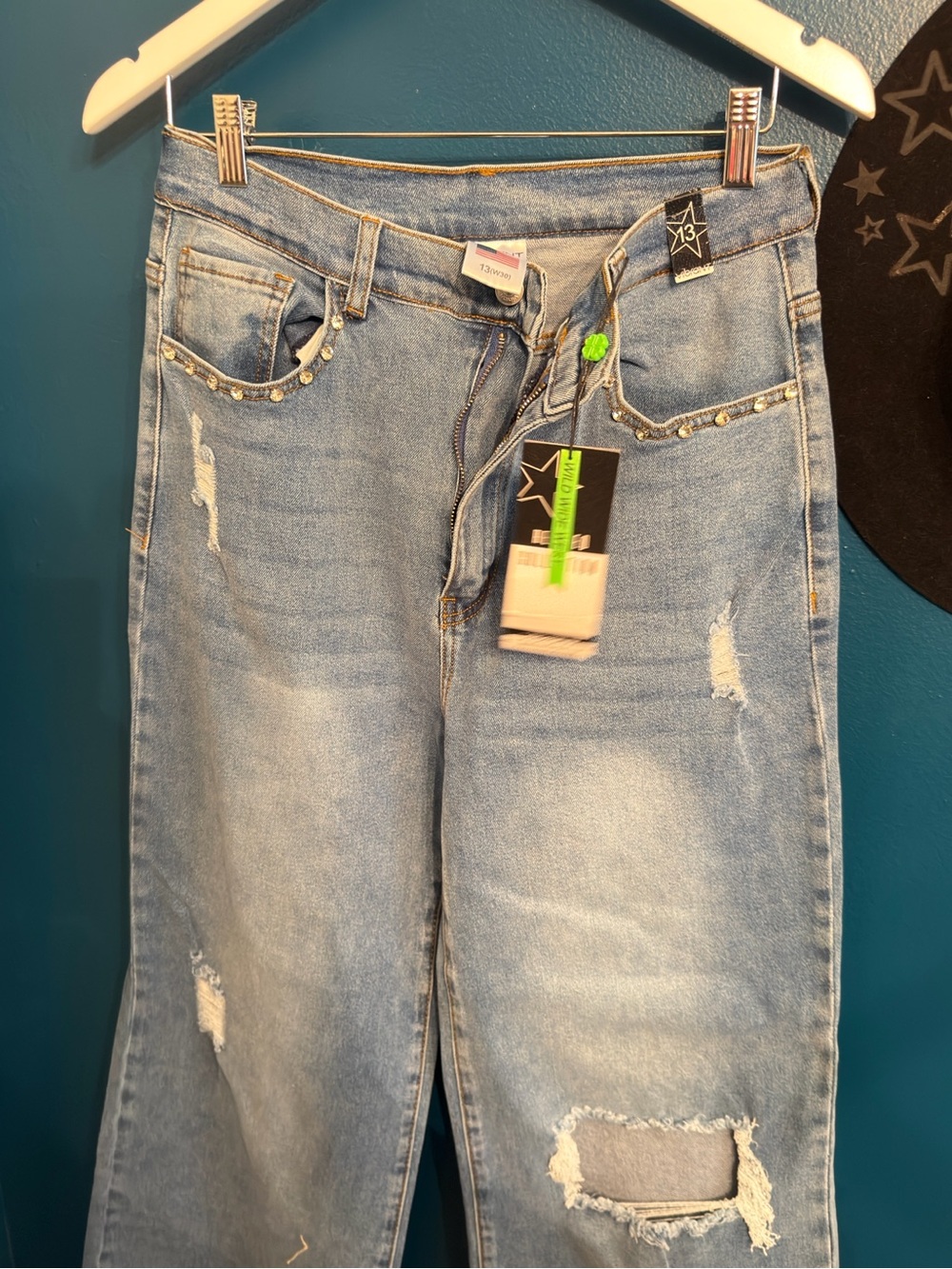 Vibrant Light Blue Denim Jeans with Contrast Stitching studs on front pockets